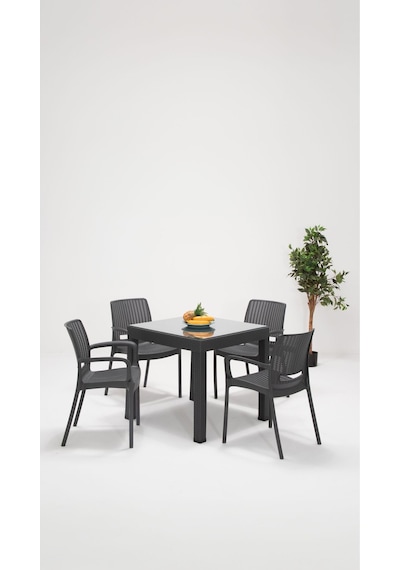 Rattan 4 Kişilik Kollu Camlı Bahçe Masa Takımı - Antrasit Siyah