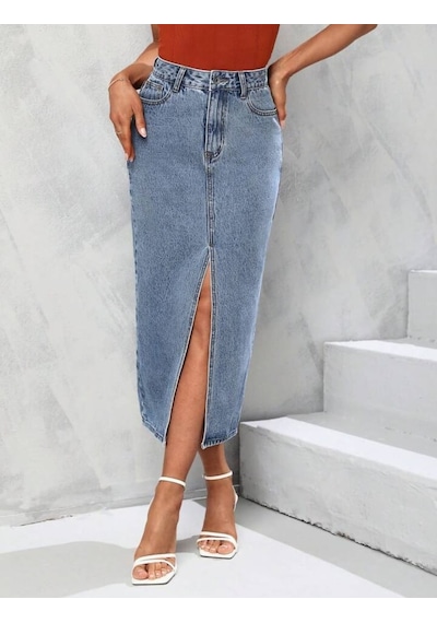 Pass&pass 2100-etek Kadın Likralı Önden Yırtmaçlı Jeans Kot Denim Uzun Etek Kar Açık Mavi Pass&pass 2100-etek Kadın Likralı Önden Yırtmaçlı Jeans Kot Denim Uzun Etek Kar Açık Mavi