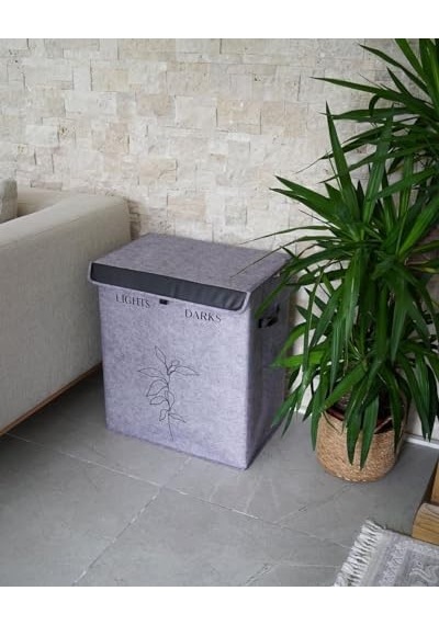 Felted Deri Detaylı Lüks Keçe 2 Gözlü Çamaşır Sepeti 2 Gözlü Çok Renkli