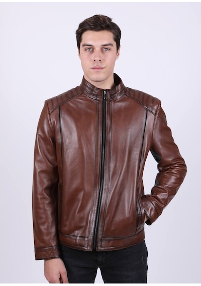 New Zaya Leather Erkek Açık Kahverengi Hakiki Deri Ceket-Altın (466898691) Altın