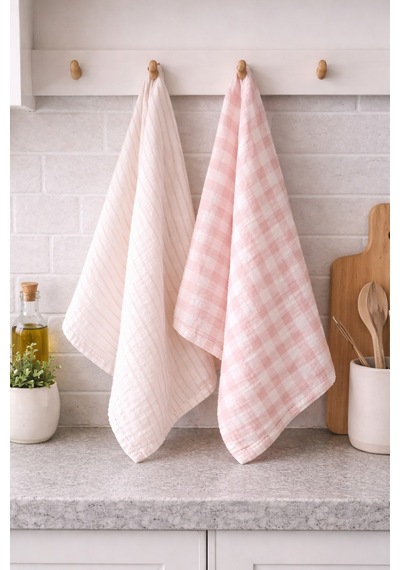 %100 Pamuk Çift Kat Müslin Mutfak Kurulama Bezi 2 Li Set 40x60 Cm Emici Yumuşak Mutfak Havlusu Elv-mkb-pe02 - Elv-mkb Pudra Pembe