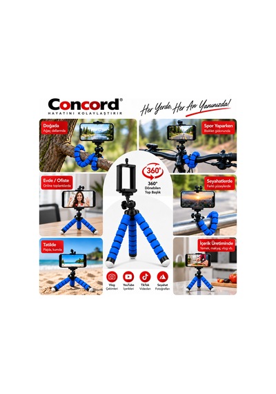 Concord Ahtapot Esnek Mini Telefon Tripodu - 360 Döner Başlıklı - 18 Cm Vlogging & Tiktok Çekim Ayak Mavi