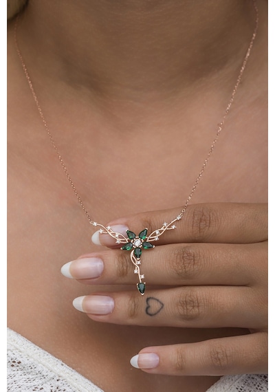 925 Ayar Gümüş Rose Daldaki Gonca Yeşil Çiçek Kolye Rose Gold