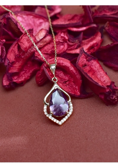 Brezza Lusso Jewelry Gümüş Ametist Taşlı Su Damlası Bayan Gümüş Kolye