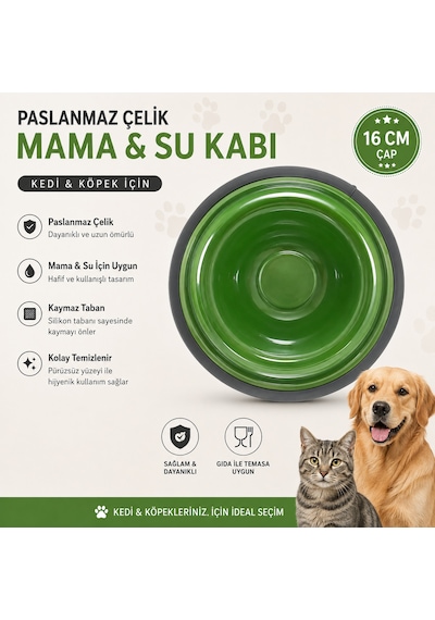 Paslanmaz Çelik Kedi Köpek Mama Ve Su Kabı 16 Cm Kaymaz Tabanlı - Yeşil