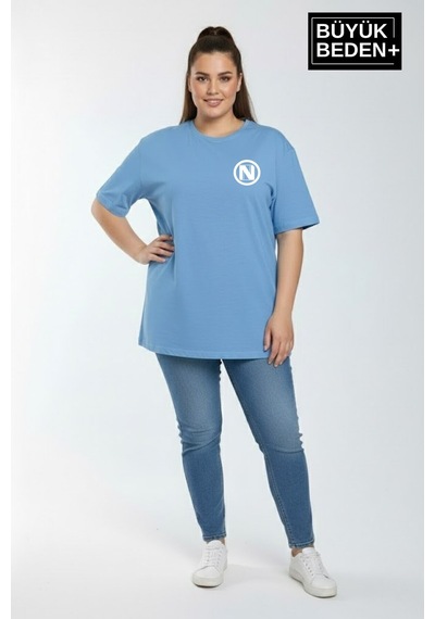 Superlife Kadın Büyük Beden N Baskılı 3xl-6xl Bisiklet Yaka Tshırt Spr26btsk510-19 Mavi