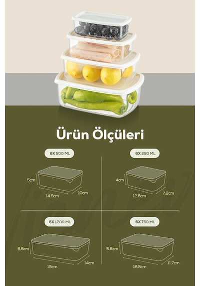 Vienev 24lü Hava Geçirmez Saklama Kabı Seti Gri 24lü 6x 250-500-750-1200 ML Gri