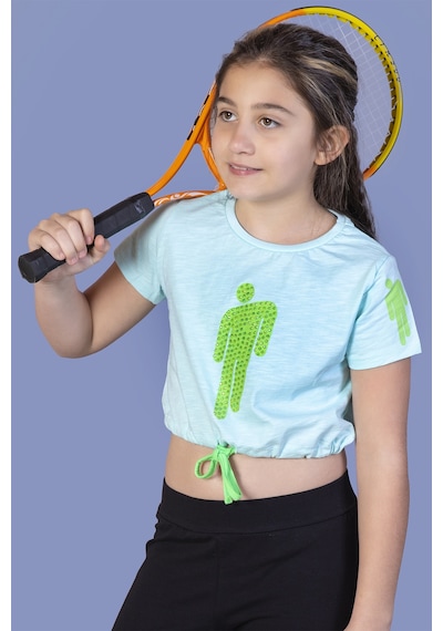 Toontoy Kids Toontoy Kız Çocuk Crop Model Baskılı Taş İşlemeli Tişört Su Yeşili