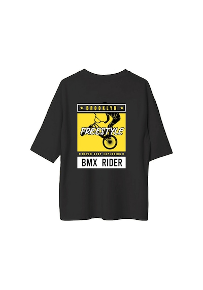 Paybuy Kadın Oversize Tişört Bmx Freestyle Brooklyn Baskılı Rahat Kesim Siyah