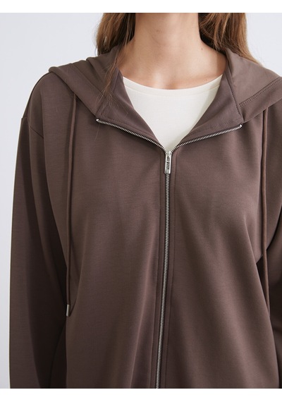 Lcw Everyday Kahverengi Kapüşonlu Oversize Kadın Fermuarlı Sweatshirt