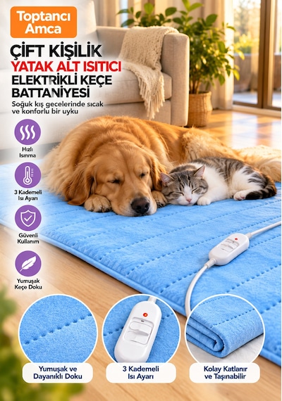 Elektrikli Battaniye Çift Kişilik 120x160 Cm Keçe Yüzey, Isı Ayarlı, Fermuarlı 2 Yıl Garantili Mavi