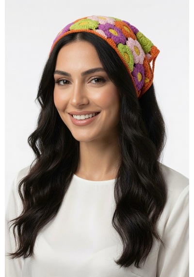 Çicekli Renkli Örgü Bandana Kadın Granny Square Yazlık Aksesuar Turuncu
