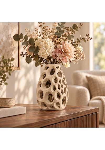 Dekoratif Vazo 20 Cm Oval Delikli Modern Tasarım Kuru Ve Yapay Çiçek Vazosu Bej