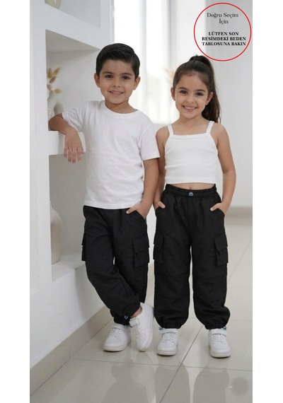 Smalltouch Kız Çocuk Paçası Ve Beli Ayarlanabilir Lastikli Paraşüt Pantolon Siyah
