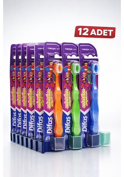Difaş Kids Çocuk Diş Fırçası 12 Adet Standlı Yumuşak Kıllı Koruyucu Kapaklı Toplu Paket