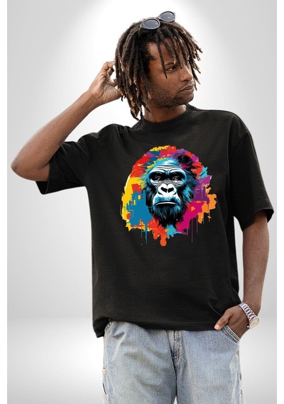 Renkli Maymun Goril Pamuklu Bisiklet Yaka Unisex Oversize Boyfriend Dijital Baskılı Siyah T-shirt Siyah