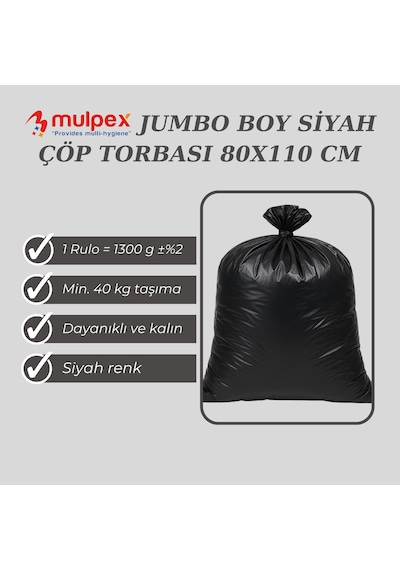 Mulpex Jumbo Boy Siyah Çöp Torbası 80x110 Cm 1 Rulo 1300 G %2 Dayanıklı Ve Kalın, Ağır Hizmet Geri Dönüşüm