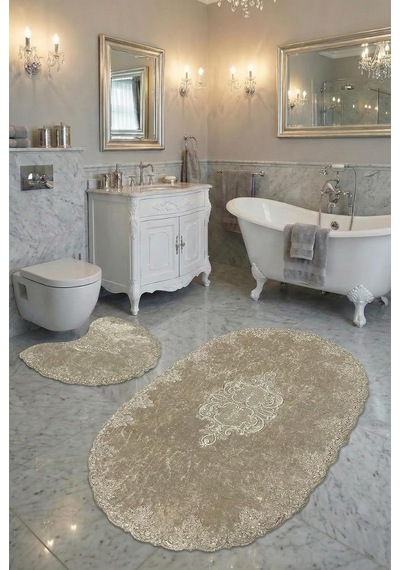 Milas Kaymaz Taban, Kadife Dantel Detaylı 2'li Süper Lüks Oval Banyo Paspası Seti, Kahverengi, 60x100 Cm Altın - Beyaz - Siyah