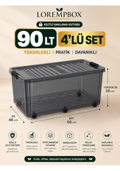 Lorempbox 90 L Tekerlekli Kilitli Saklama Kutusu 4 Lü Set Antrasit