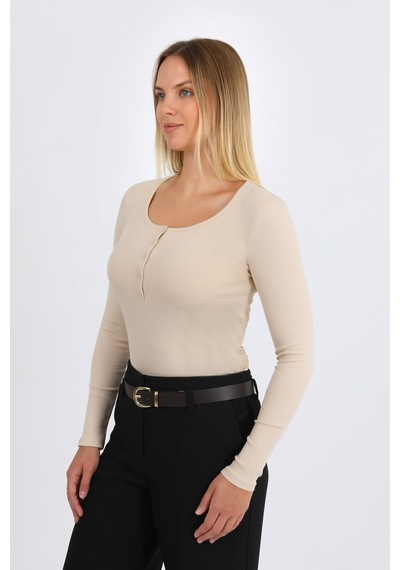 Hdm Kadın Bej Uzun Kollu Fitilli Patlı Çıtçıtlı Basic Örme Bluz - H6172