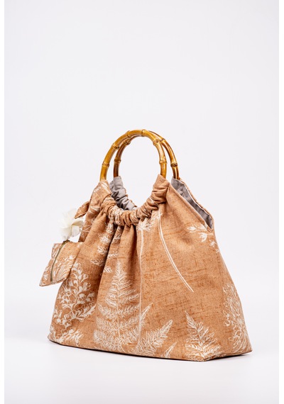 Fabric Craft Bag El Çantası Keten Kumaş Bambu Saplı Çiçek Desen Taba - Kahverengi