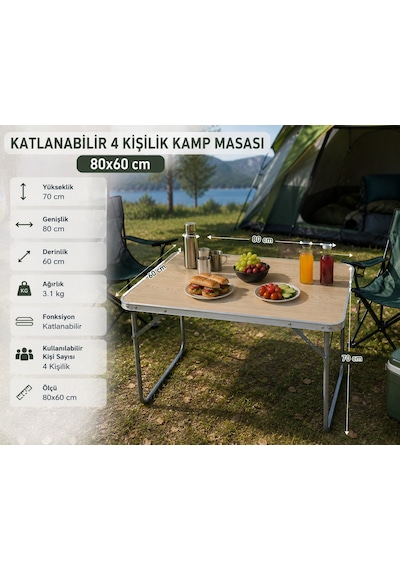 Katlanır Kamp Masası 80x60 cm Plaj masası Bahçe Masası Ahşap - Gri