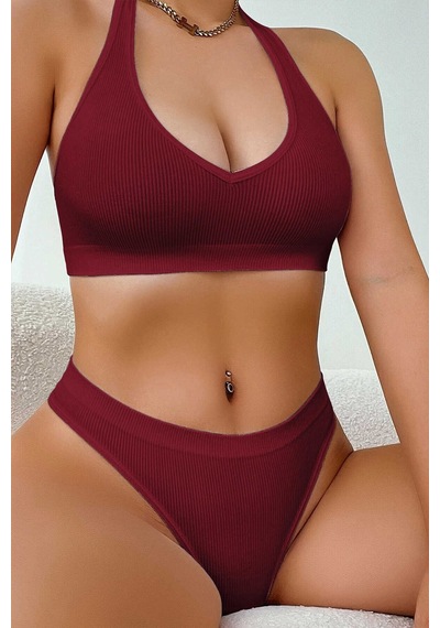 Moda Dua Kadın Bordo Seamless Tanga Sütyen Takım