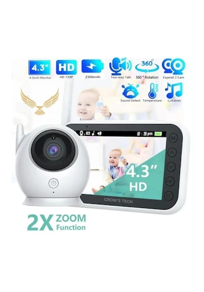 Crow's Tech Ct-lcd Ekranlı Gece Görüşlü Bebek Monitörü - Bebek Izleme Kamerası Oda Sıcaklığı Kontrollü Kablosuz Beyaz