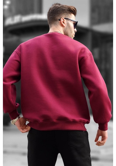 Madmext Bordo Bisiklet Yaka Oversize Şardonlu Basic Erkek Sweatshirt 6048 Bordo