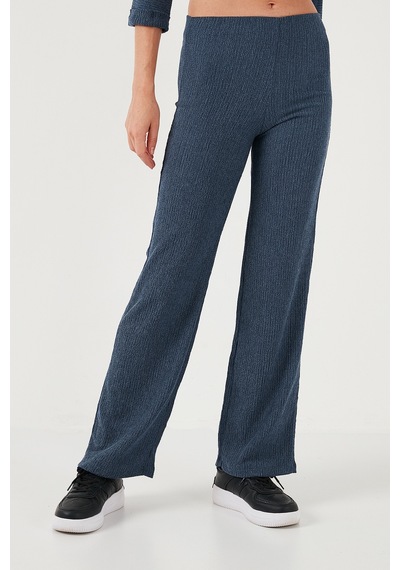 Lela Slim Fit Yüksek Bel Geniş Paça Dokulu Bayan Pantolon 5865944 Indigo