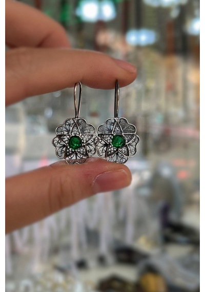 Gümüş Eskitme Yeşil Taşlı Telkari Küpe Diğer