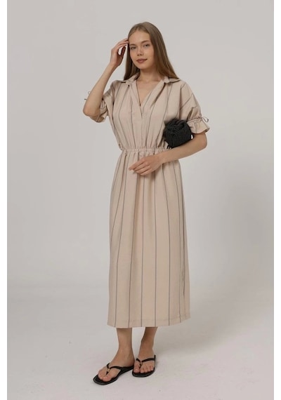 Defymoda Beli Lastikli Elbise - Taş Taş