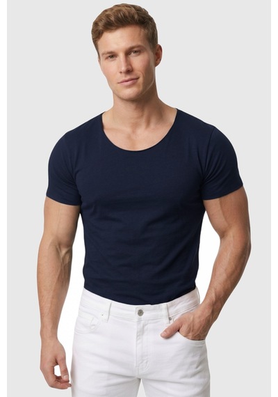 Deepsea Erkek Lacivert Geniş Yaka Likralı Tişört Oval Yaka Slim Fit Eteği Oval Açık Yaka T-shirt 1801199 Lacivert