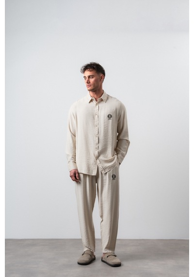 Erkek Keten Oversize Gömlek Pantolon Takım Bej