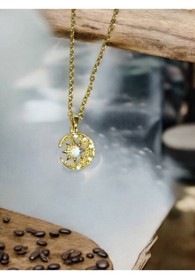 Sedefli Ay Yıldız Figürlü Kadın Kolye Gold Renk Paslanmaz Çelik, 55 Cm Zarif Ve Anlamlı Tasarım Çelik