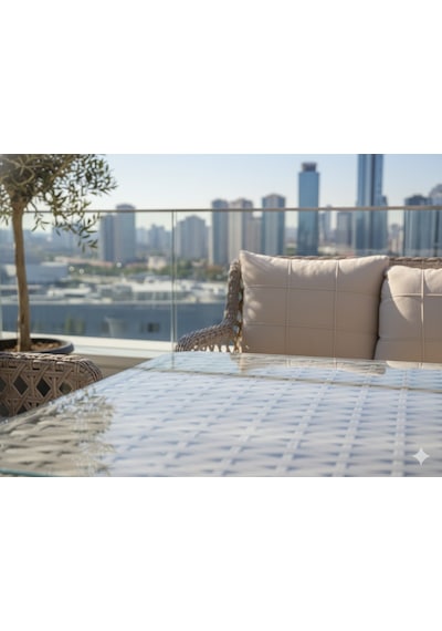 "city View" Lüks Rattan Balkon/teras Takımı Ve Salıncak Seti 7 Kişilik Krem