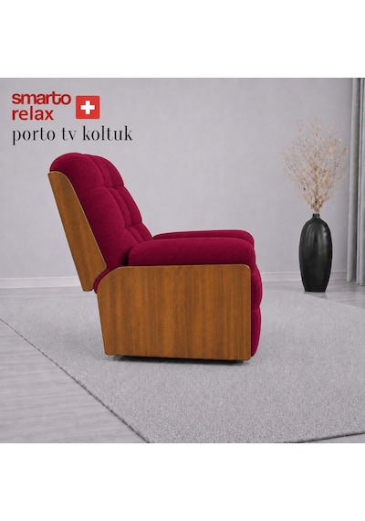 Smarto Relax Porto Tv Koltuğu Elektrikli Masajlı Isıtmalı Döner Sallanan Ahşap Yan Panelli Polyester Kumaş Baba Koltuğu Bordo