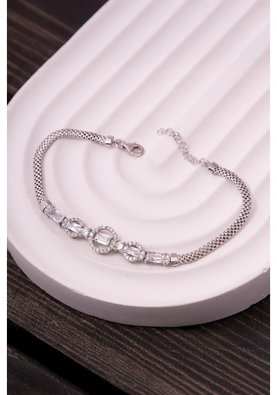 925 Ayar Gümüş Rodyumlu Triple Circle Baget Bayan Bileklik -8187
