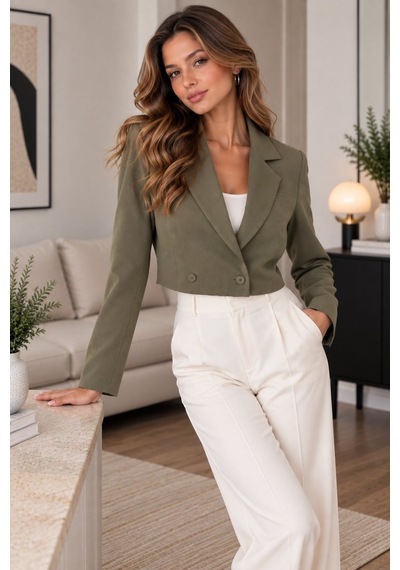 Lima Haki Kadın Crop Blazer Ceket Kruvaze Yaka Çift Düğmeli Kısa Ceket