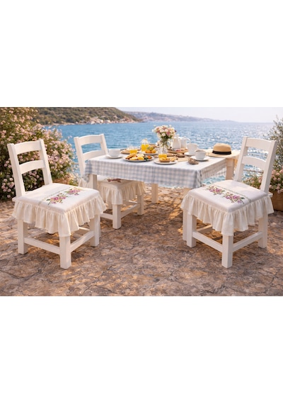 Romantik Ege Mor Gül Kanaviçe Nakışlı Fırfırlı Sandalye Minderi Çok Renkli