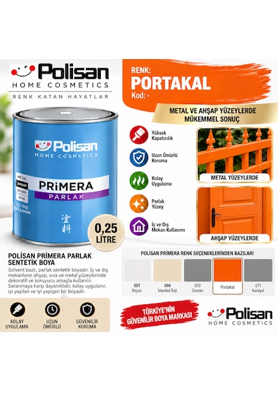 Polisan Primera Parlak Portakal Sentetik Boya 0.25 Litre Metal Yağlı Boya
