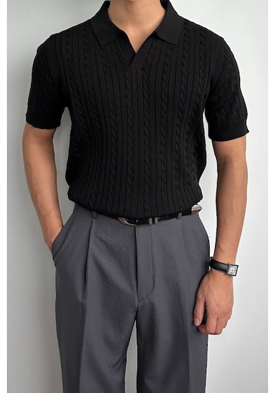 Erkek Fitilli Polo Yaka Triko T-shirt Siyah