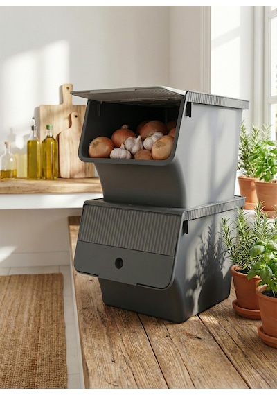 Füme 2'li 33 Lt Modubox Kayar Kapaklı Saklama Kabı & Patates Soğan Kovası & Erzak Kutusu Füme