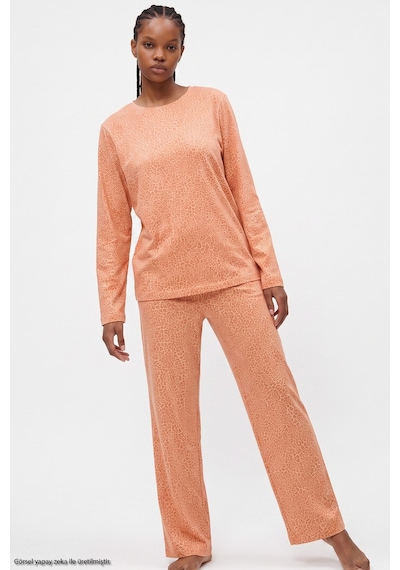Siyah İnci Leopar Baskılı Örme Pijama Takım 8078 Somon Leopar