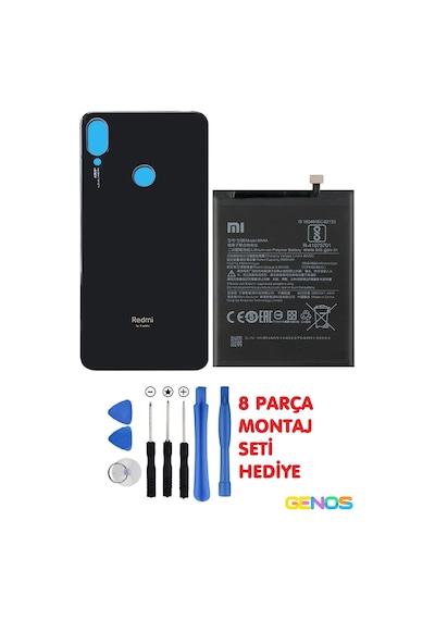 Redmi Note 7 Uyumlu Arka Cam Kapak Batarya Pil Kapağı Siyah + Note 7 Pil Batarya Bn4a + Montaj Set