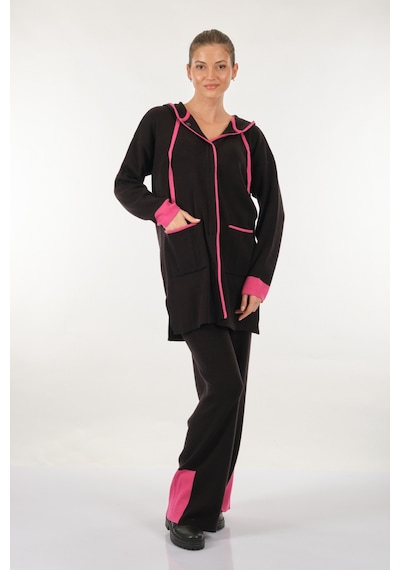 Unique Mode Kapüşonlu Cepli Uzun Kollu Siyah Kadın Hırka UW231058 Siyah