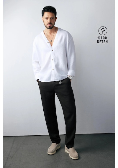 Avva Erkek Siyah Beli Lastikli %100 Keten Relaxed Fit Pantolon B003032