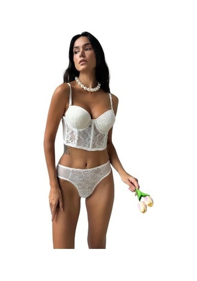 Onsekiz18shop Destekli Taşlı Tül Beyaz Parıltılı Çiçekli Beyaz Büstiyer Takım