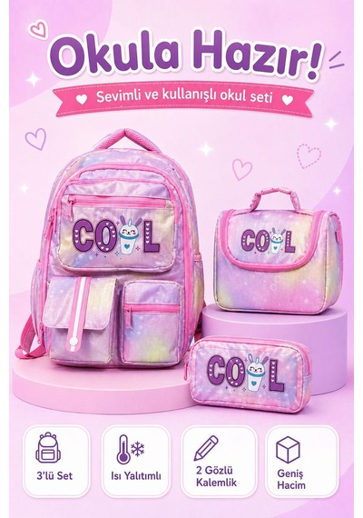 Yeni Sezon Co L Model 3 Lü İlkokul Çanta Seti Sırt Çantası + Beslenme Çantası + Kalemlik Pembe