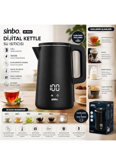 1.8l 1500w Plastik Kapak - Dokunmatik Ekran Dijital Kettle Su Isıtıcısı Kablosuz Kullanım Sk-8042 Bx40